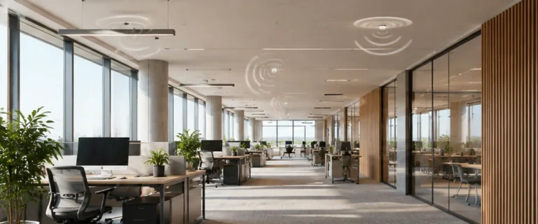 Moderne lyst kontor med store vinduer og loftarmaturer som illustration af dagslysstyring