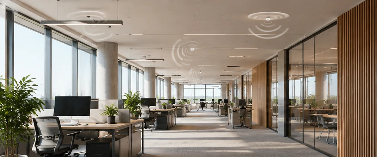 Moderne lyst kontor med store vinduer og loftarmaturer som illustration af dagslysstyring