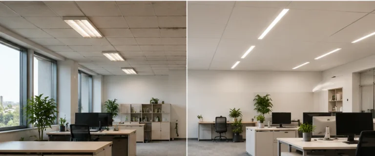 Illustrativ før og efter-sammenligning af kontor med ældre loftbelysning og moderne LED-armaturer